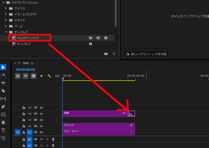 プレミアプロ_画像をフェードアウトさせる方法_クリップの終端にクロスディゾルブを適用