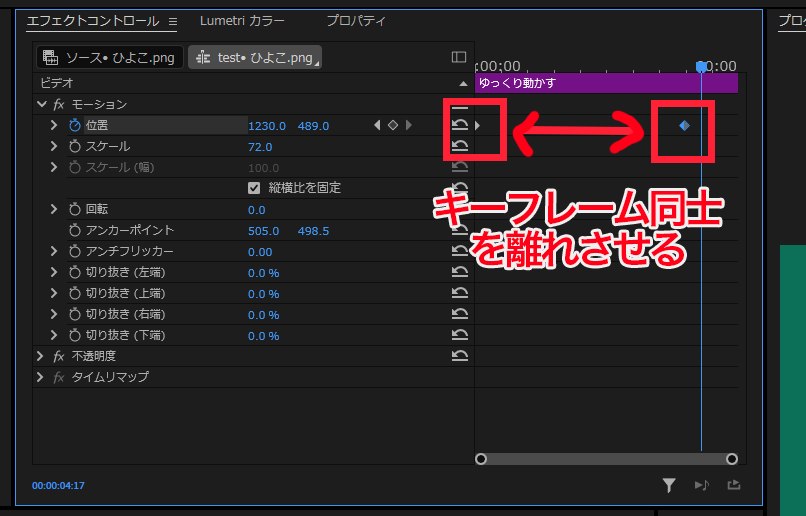 プレミアプロ_画像を動かす方法!ゆっくり動かす、くるくる回転させる、跳ねる、拡大させる_ゆっくり動かす