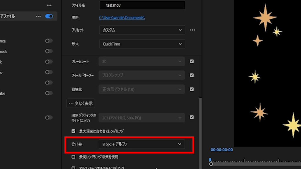 プレミアプロ_動画背景を透過する方法_ビット数を8bpc+アルファに変更