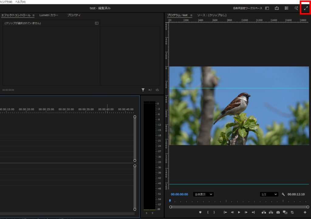 プレミアプロ_全画面表示にする方法と解除する方法_画面右上のアイコンをクリック
